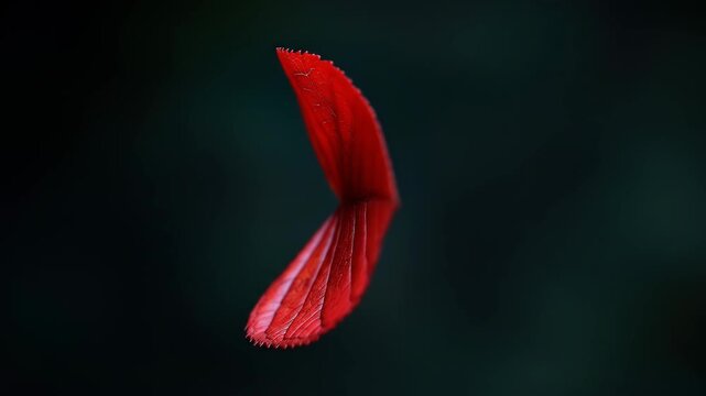 Single vibrant red leaf with intricate vein detail against dark background