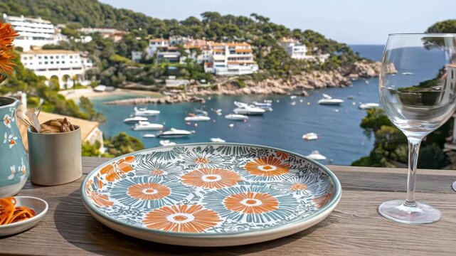 Serene seaside vista with floral plate on table, boats in bay backdrop