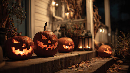 Fototapeta premium Halloween pumpkins glowing on a porch creating a spooky holiday atmosphere