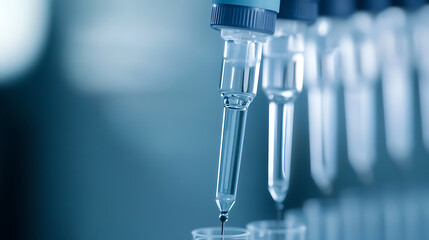 Lab analysis: Droplets of liquid being dispensed into vials in a laboratory setting. Precision is key to successful scientific research. Controlled environment for accuracy.
