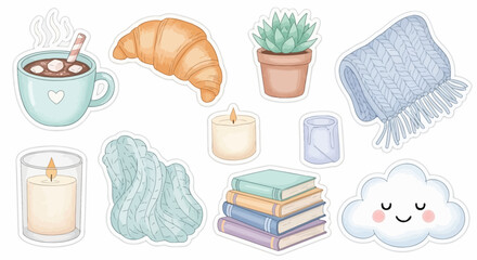 Cozy sticker set with hot chocolate, croissant, succulent, blanket, candles, books, and a cloud.