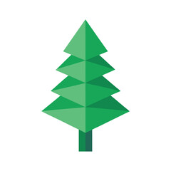 A flat design illustration of a green geometric Christmas tree with layered triangular branches and a dark green trunk on a white background.