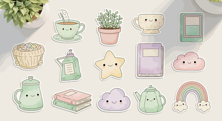 Adorable watercolor stickers featuring a variety of cute objects, including plants, books, and smiling clouds.