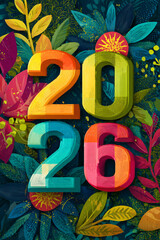 2026 year number standing on colorful tropical leaves and vibrant floral background