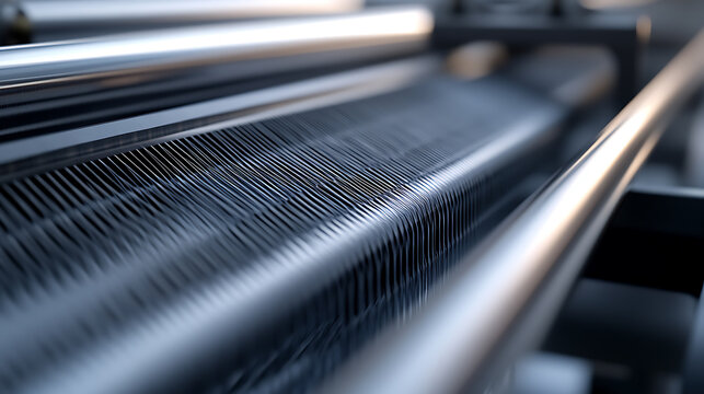 A detailed close-up captures parallel lines stretched on a machine, embodying precision and industrial manufacturing. The metal construction reflects light, highlighting order.