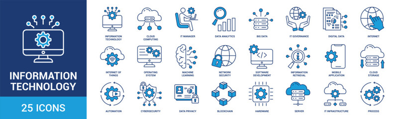 Information Technology icon set. Containing cloud computing, IT manager, big data, data analytics, internet, network security and more. Blue vector icons collection.