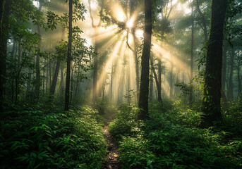Fototapeta premium Enchanting Forest Path Sunlight Streaming Through Lush Green Trees, Nature's Serene Sanctuary