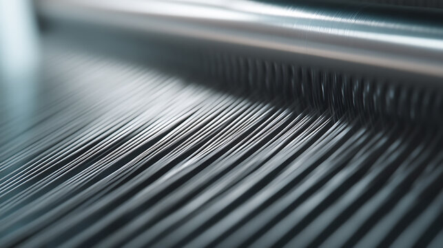 Close-up view of a production line with parallel metal strands, highlighting precision and uniformity. Emphasizes industrial processes and manufacturing excellence.