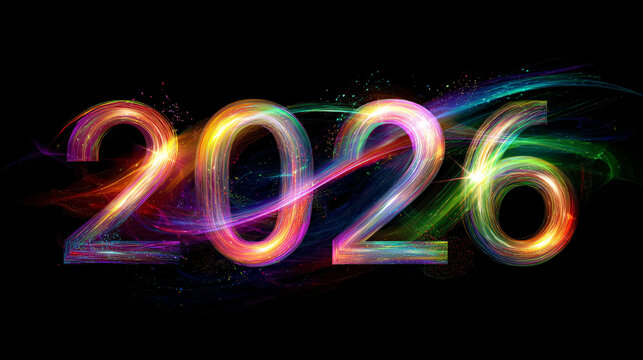 Year 2026 numbers illuminating a black background with dynamic abstract light trails