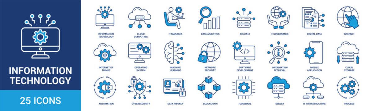 Information Technology icon set. Containing cloud computing, IT manager, big data, data analytics, internet, network security and more. Blue vector icons collection.