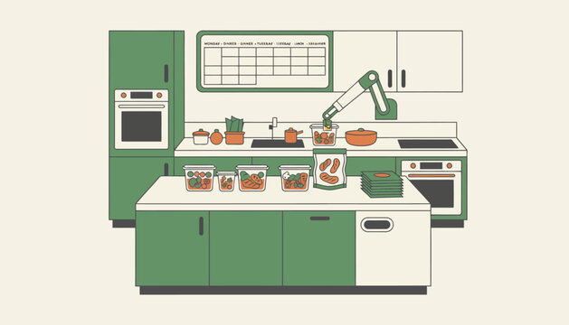 Robotics arm working in a modern kitchen setting, efficiently preparing various food items and packing them into meal prep containers for organized weekly meals