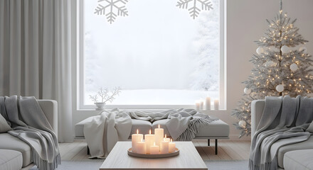 Winter Interior Scene with Sofa, Tree, and Snow Outside