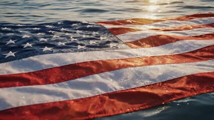 American flag floating on water surface in sunlight symbolic representation patriotic visual - Powered by Adobe
