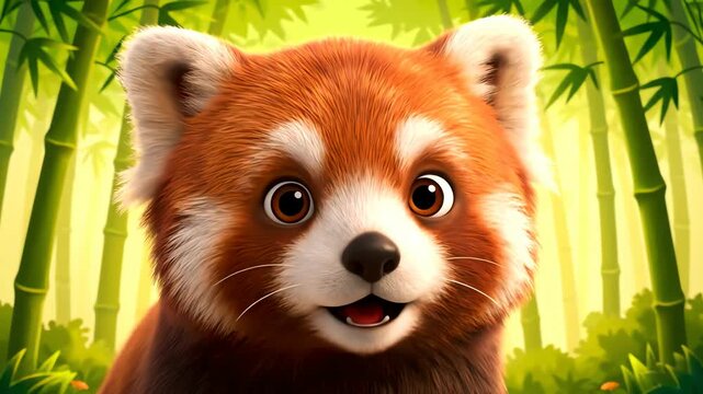 Animated red panda portrait in a lush bamboo forest
