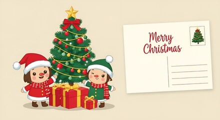 A Christmas postcard with hand-drawn elf children decorating a tree and a stamp, great for personalized holiday messages, vintage-style cards, and nostalgic Christmas themes.