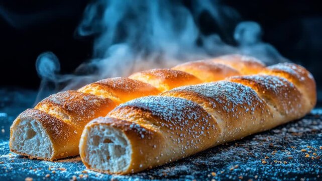 Steaming, golden challah bread, dusted with flour on dark surface
