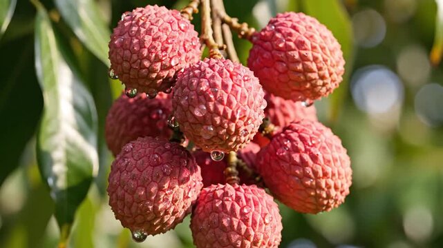 Close up of ripe lychee fruits hanging from a tree branch in bright natural sunlight showing a healthy harvest