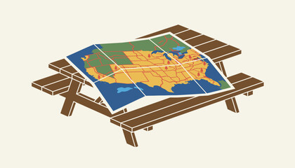 A traditional road map unfolded on a picnic table featuring colorful state lines and scenic routes clearly marked for exploration.