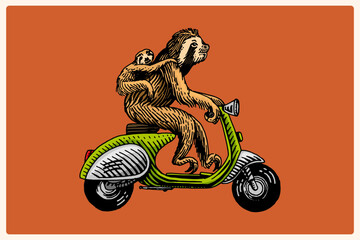 Cute Sloth with a baby on a scooter bike, motorcycle. Animal character on vehicle. Modern concept in vintage look. Hand drawn engraving, woodcut style for sport events, emblems, beverages, cartoon