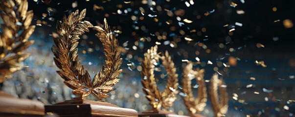 Golden laurel wreaths on podium, celebrating success, victory, and achievement