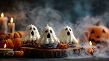 Ghost cupcakes with halloween pumpkins and candles creating spooky atmosphere among smoke