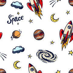 Hand drawn space doodles seamless patterns in sketchy style with rocket astronaut or spaceman, planets and telescope. science elements for kids and educational content