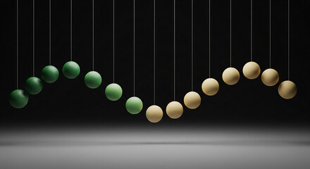 Abstract 3D render of hanging spheres forming a sine wave. A modern data visualization concept of cycles and rhythm with a green to beige gradient on a dark background. Represents a timeline