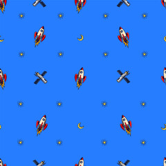 Hand drawn space doodles seamless patterns in sketchy style with rocket astronaut or spaceman, planets and telescope. science elements for kids and educational content