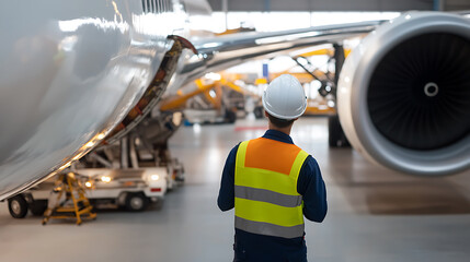 An aviation engineer inspects an airplane engine in a hangar, wearing protective gear. The scene is set indoors, highlighting the maintenance and safety protocols in the aviation industry.