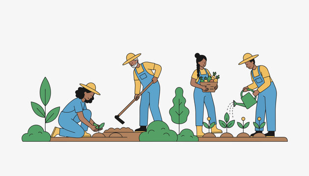 Diverse group of farmers working together in a community garden, planting seedlings, tilling soil, watering and harvesting fresh vegetables to show teamwork and sustainable organic farming