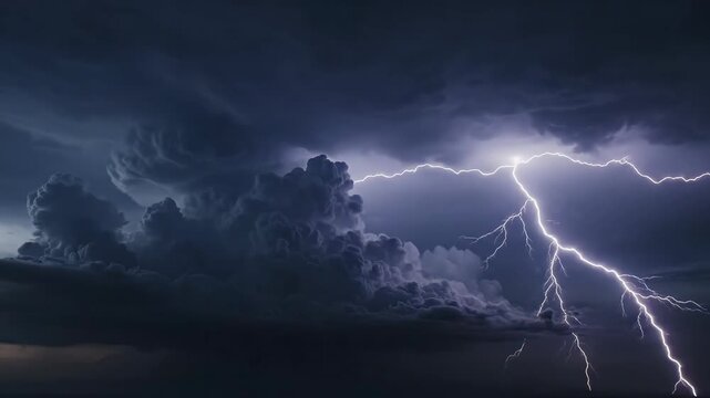 Powerful lightning bolt strikes through dramatic stormy dark clouds, illuminating the night sky with intense electrical energy and foreboding atmosphere