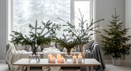 Scandinavian Living Room with Winter Holiday Decor