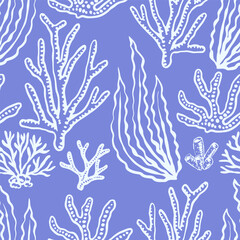 Corals and seaweed seamless pattern. Abstract Botanical Illustration. Underwater sea plants and flora. Hand Drawn 
