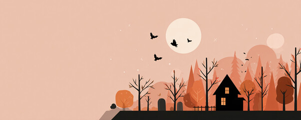 Haunted house silhouette in autumn forest with full moon, spooky halloween concept
