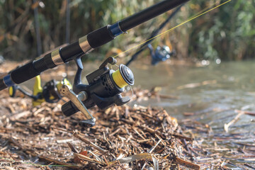 Several fishing rods are arranged in a row. The emphasis is on one of the fishing rods which is in the foreground.