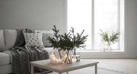 Minimalist Living Room with Candles and Pine Decor