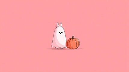 Cute bunny ghost and pumpkin celebrating halloween on a pink background