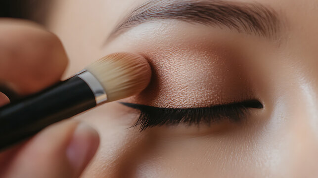 Glamorous eye makeup being applied with a brush. The makeup artist focuses on the eyelid, creating a sophisticated and elegant look. Highlighting beauty through artistic techniques.
