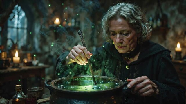 Magical Potions Crafted by a Wise Witch in a Dimly Lit Cottage Scene