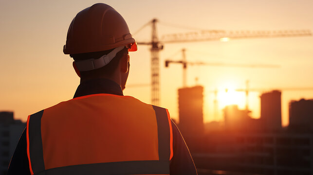 Contemplative construction worker surveys a vibrant sunset backdrop, capturing the silhouette of an urban landscape. He is ready to make progress toward the future.