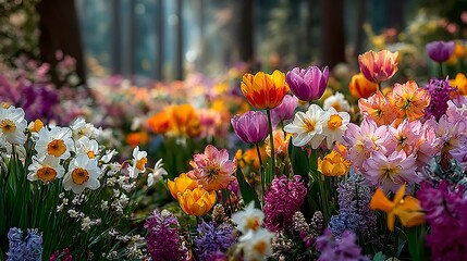Fototapeta premium Purple tulips with daffodils high resolution picture