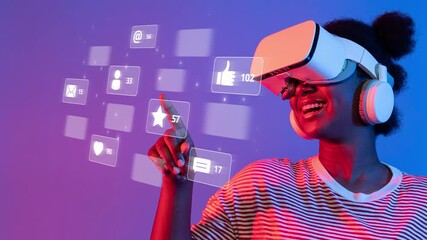 A joyful young woman explores virtual reality, engaging with dynamic digital icons and data, epitomizing innovation and future technology in immersive entertainment. Raster
