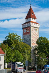 Historischer gemalter Turm in der Innenstadt von Ravensburg an der Stadtmauer  - Oberschwaben, S&uuml;ddeutschland