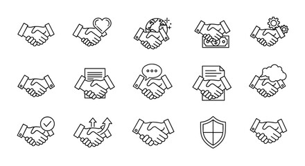 A comprehensive collection of handshake-related line icons, featuring editable strokes, perfect for infographics, articles, books, flyers, and banners, presented as a vector cartoon illustration with