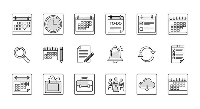 Set of calendar-related line icons, outline signs for graphic and web design, apps, adverts, various cards, vector cartoon illustration with a white background. Includes icons for planning, to-do