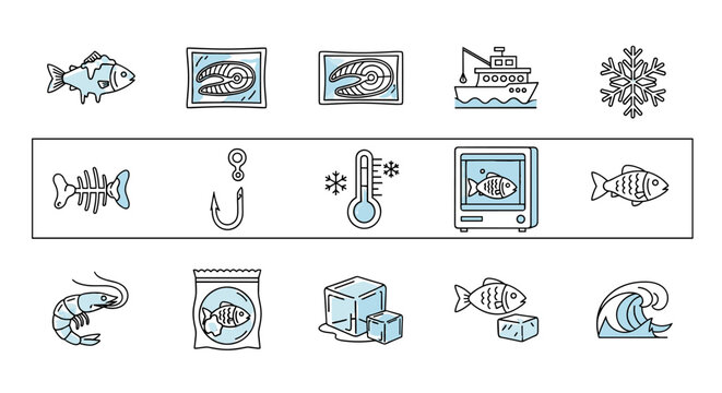 A vibrant set of line icons depicting various aspects of frozen fish and seafood, including whole fish, fish steaks, a fishing boat, snowflakes, fish bones, hooks, thermometers, frozen food