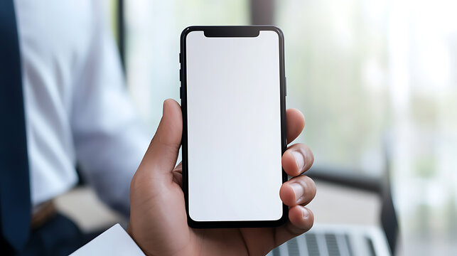 A person in business attire holds a modern smartphone with a blank screen, showcasing its sleek design and potential for app mockups or digital presentations on mobile technology.
