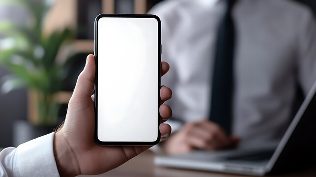 A person holds a smartphone with a blank white screen, set against the backdrop of an office scene.  Focused, the man operates a laptop, blending tech with corporate style.