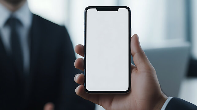 A business professional holds a smartphone with a blank screen, perfect for displaying apps or presentations in a sleek and modern office setting. The man is sharply dressed. - Powered by Adobe