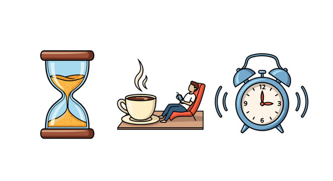 A charming cartoon illustration set featuring three distinct icons representing time management and daily routines: an hourglass symbolizing the passage of time, a steaming cup of coffee next to a